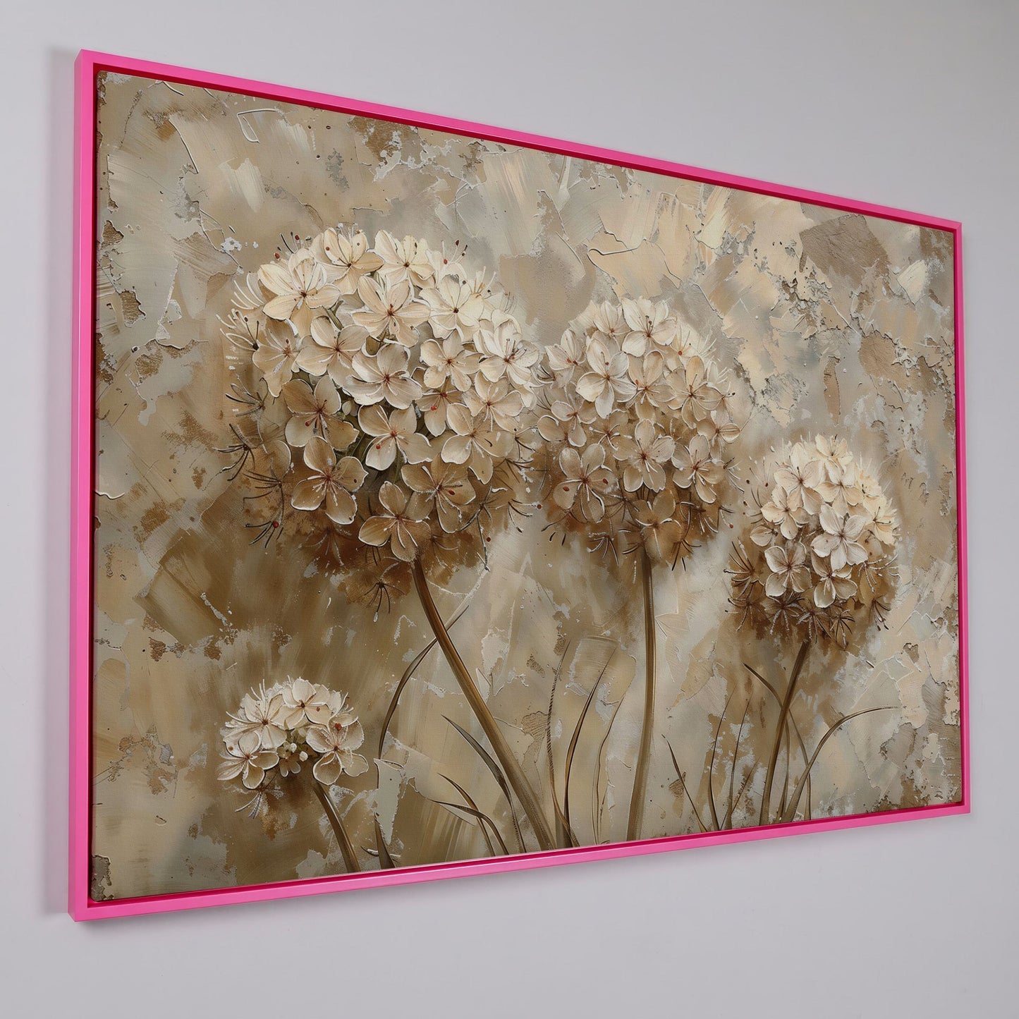 Hydrangea Arrangement Canvas Wall Art, Large Floral Painting in pink floating frame