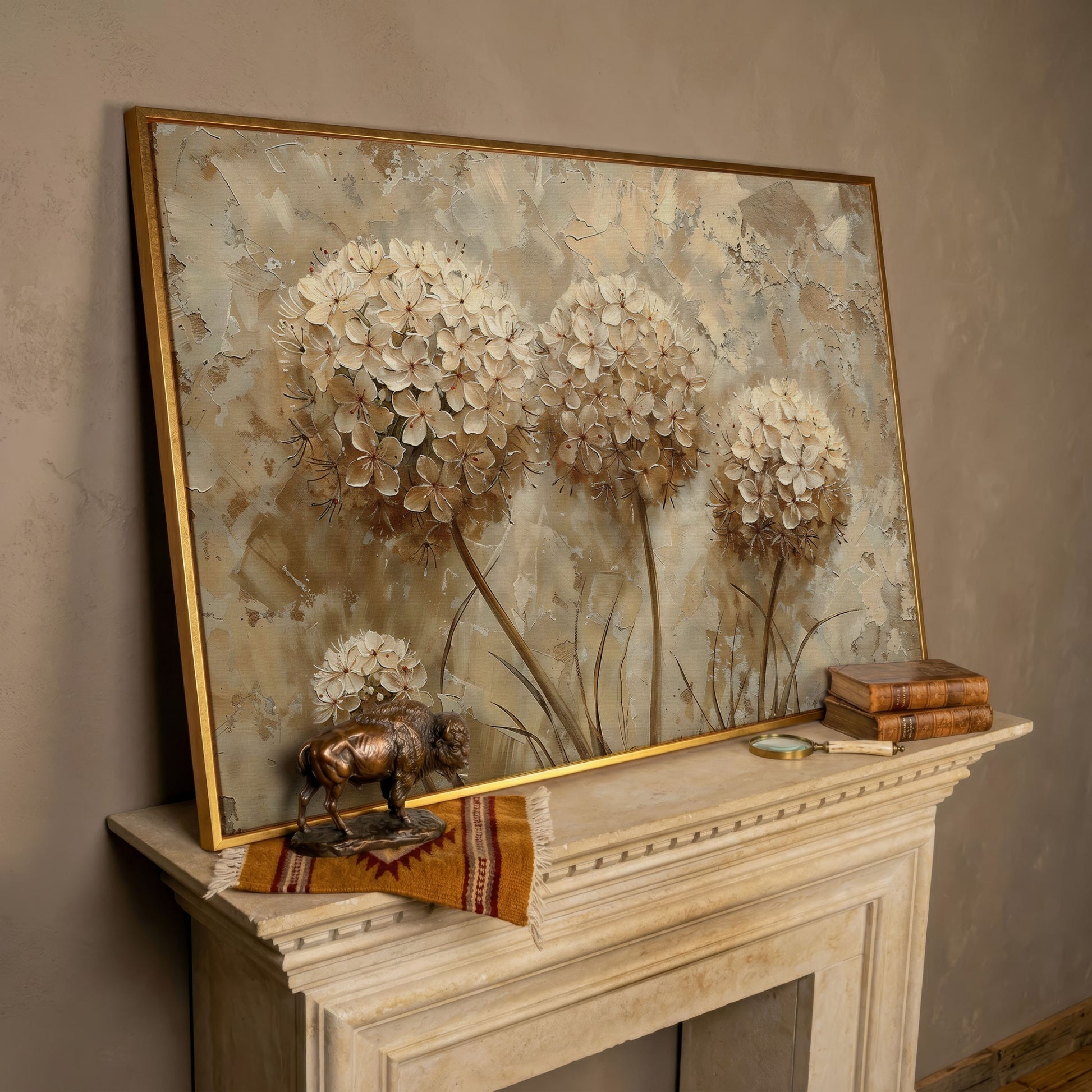 Hydrangea Arrangement Canvas Wall Art, Large Floral Painting in rose gold floating frame