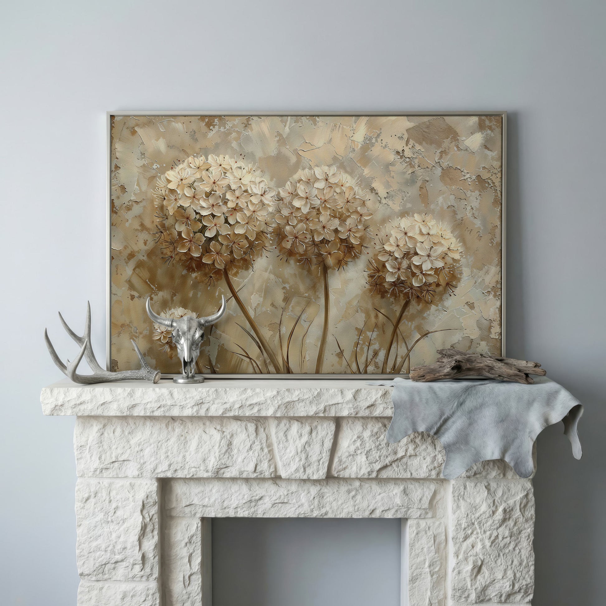 Hydrangea Arrangement Canvas Wall Art, Large Floral Painting in silver floating frame