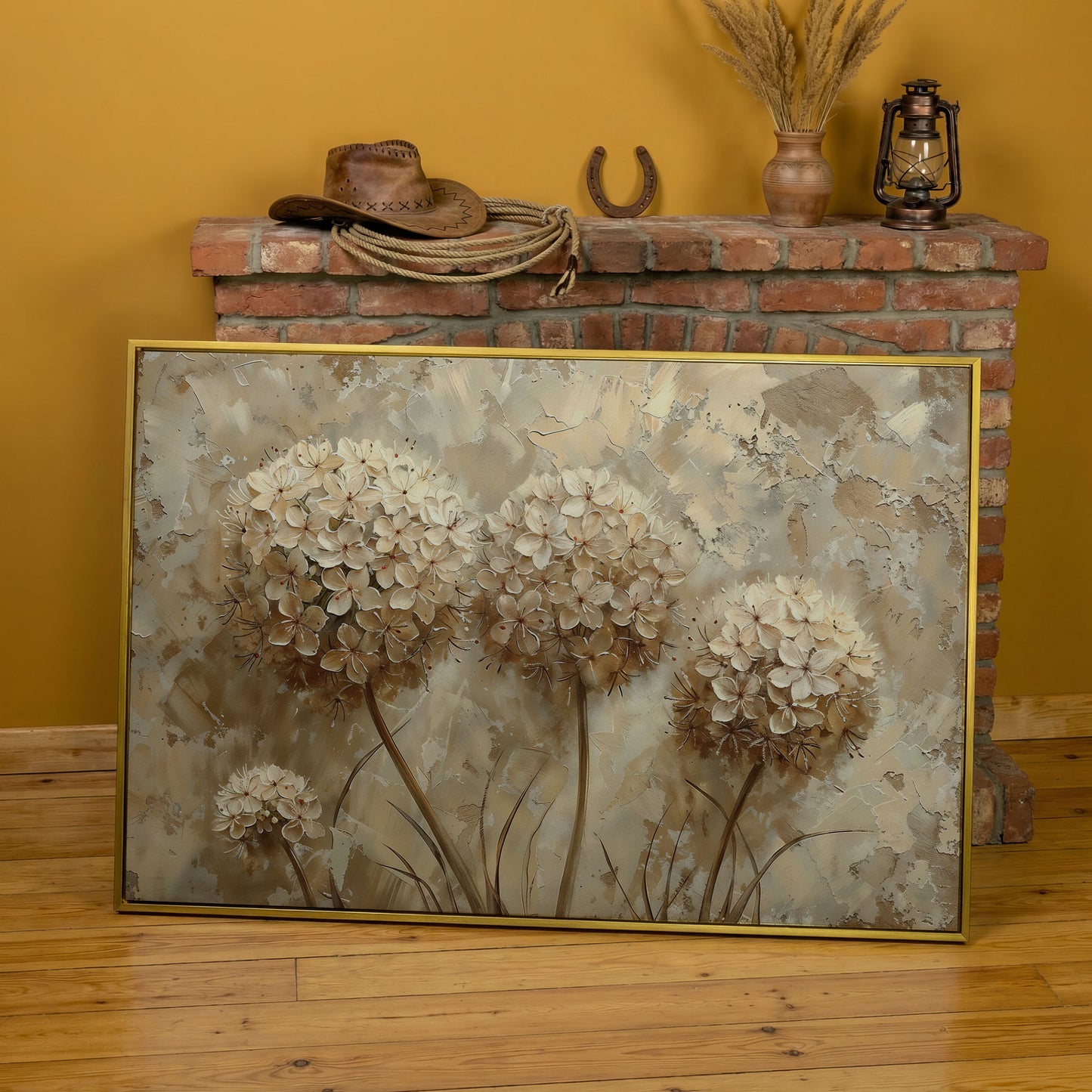 Hydrangea Arrangement Canvas Wall Art, Large Floral Painting in yellow gold floating frame