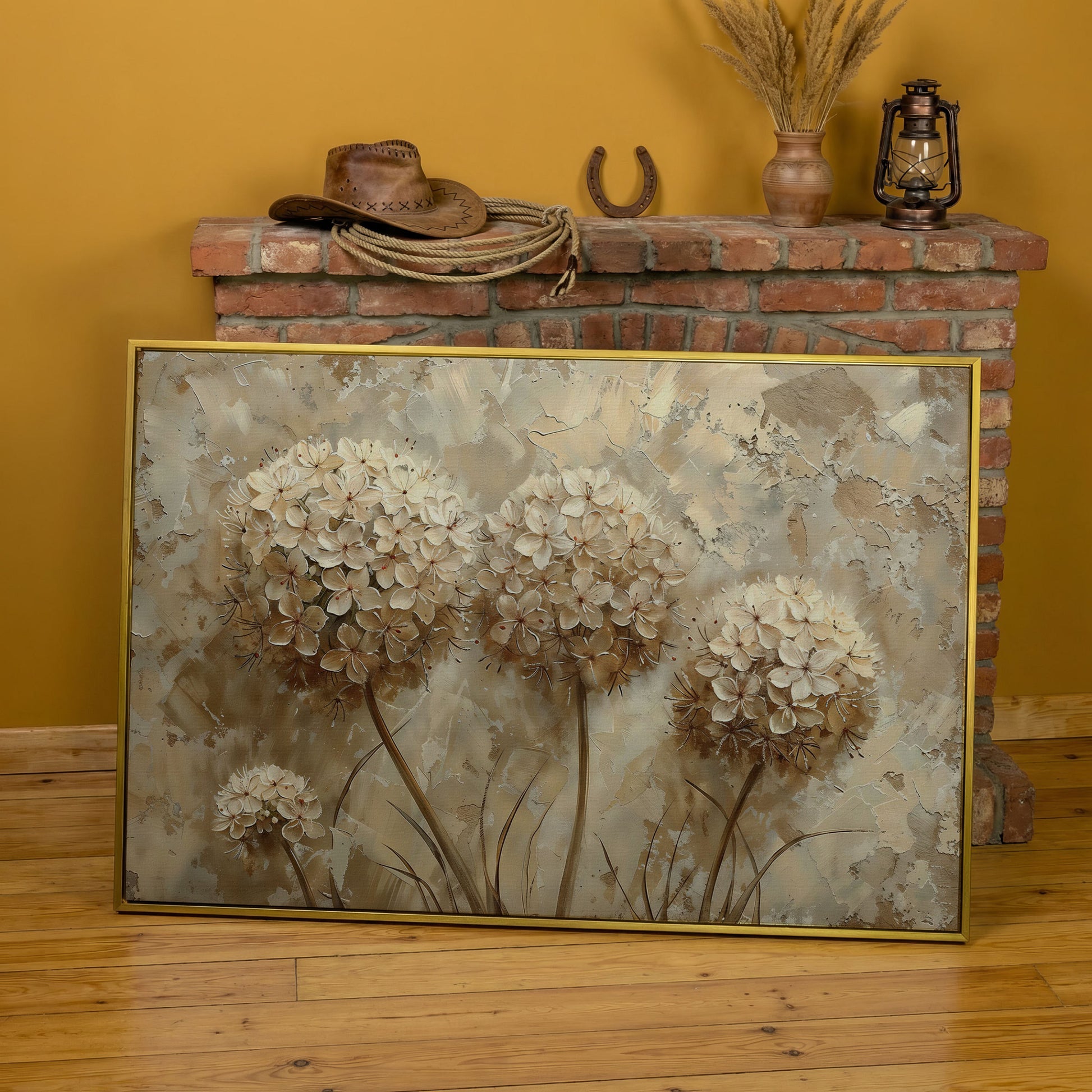 Hydrangea Arrangement Canvas Wall Art, Large Floral Painting in yellow gold floating frame