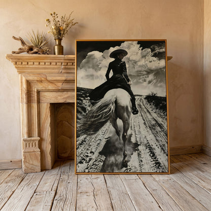 White Horse Rider on a Dirt Road. Western Canvas Wall Art in antique gold floating frame