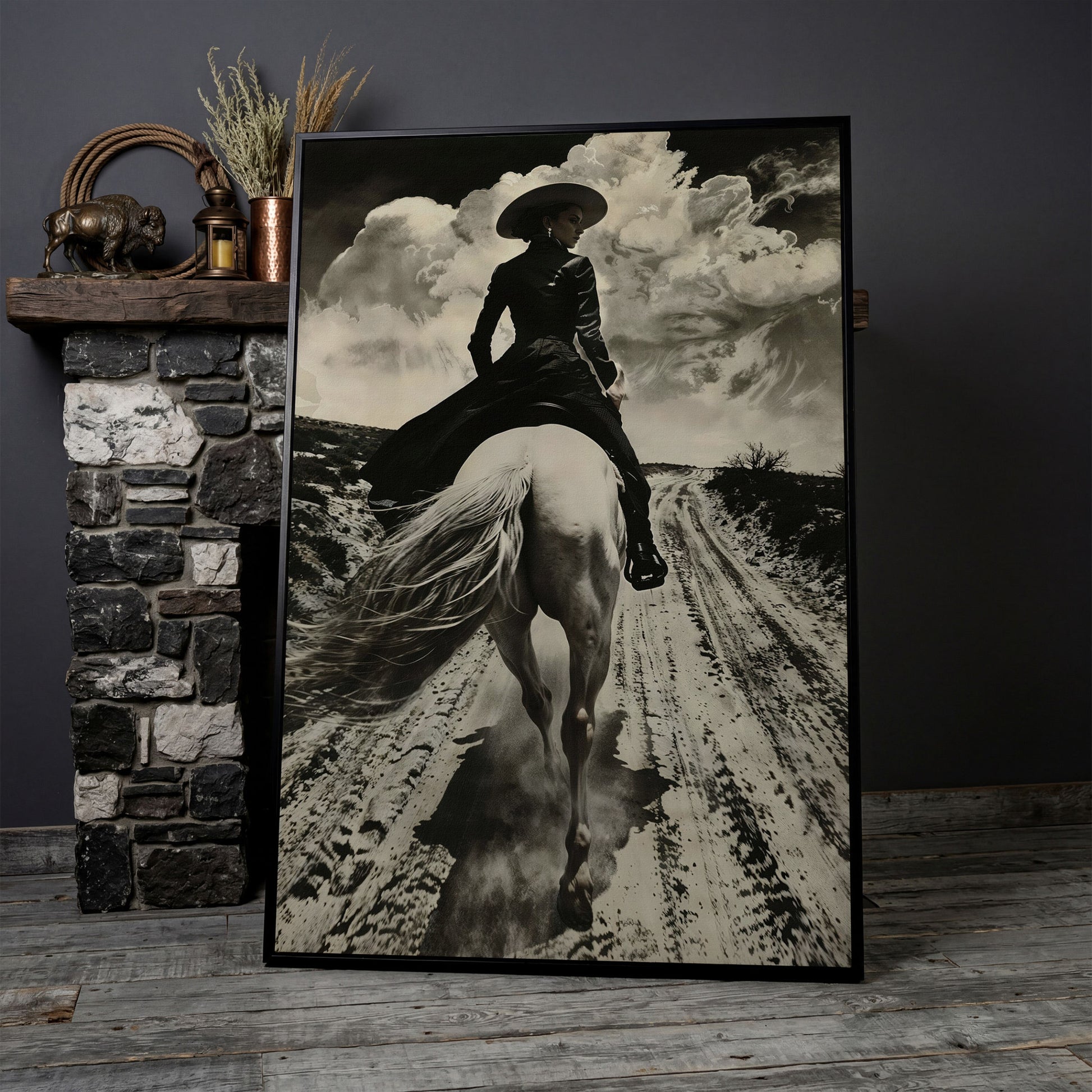 White Horse Rider on a Dirt Road. Western Canvas Wall Art in black floating frame