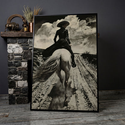 White Horse Rider on a Dirt Road. Western Canvas Wall Art in black floating frame