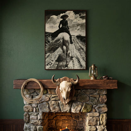 White Horse Rider on a Dirt Road. Western Canvas Wall Art in dark walnut floating frame