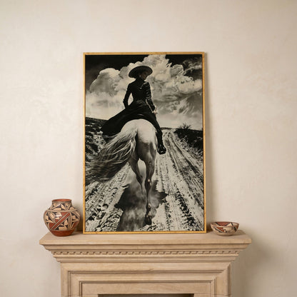 White Horse Rider on a Dirt Road. Western Canvas Wall Art in white oak floating frame