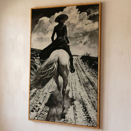 White Horse Rider on a Dirt Road. Western Canvas Wall Art shown in white oak floating frame