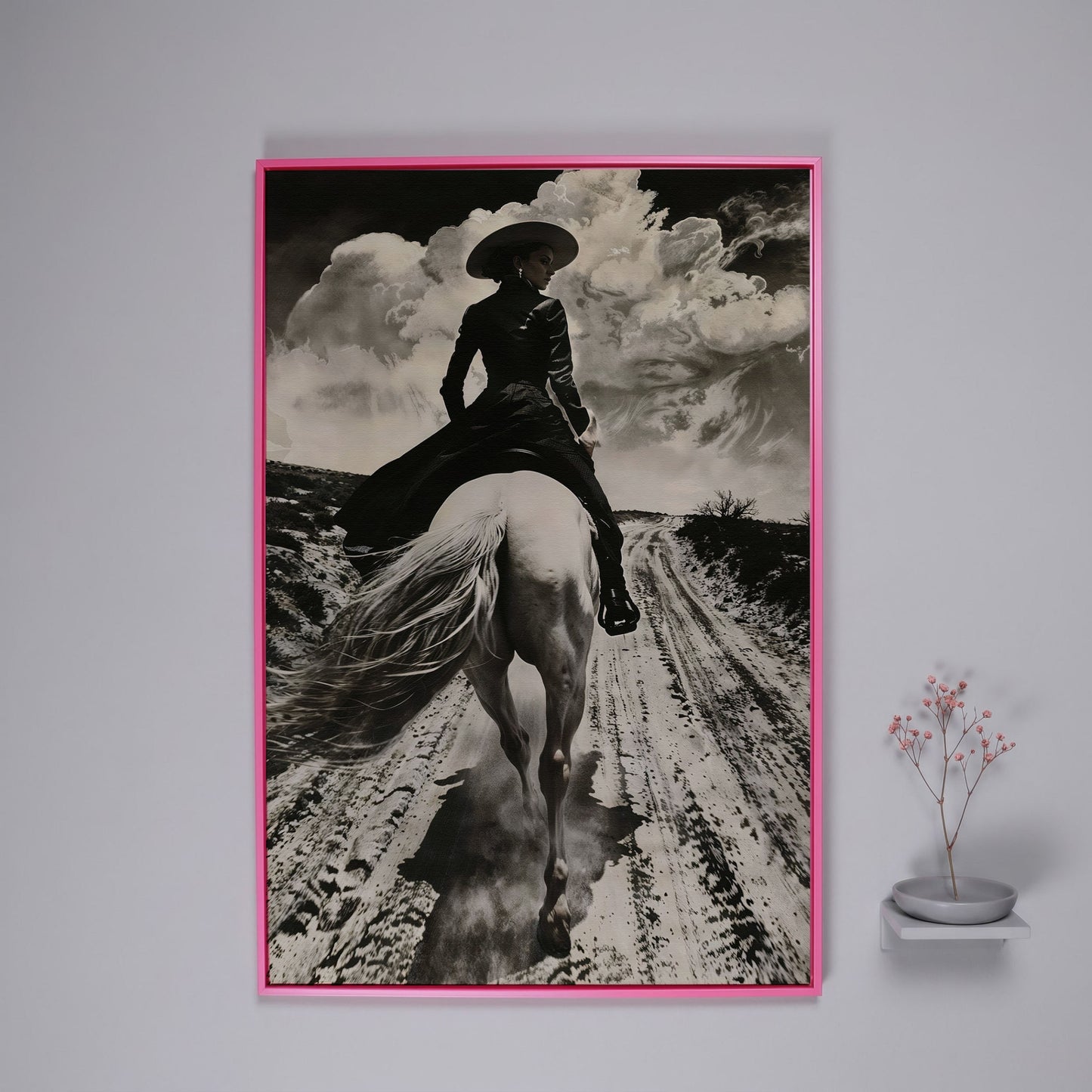 White Horse Rider on a Dirt Road. Western Canvas Wall Art in pink floating frame