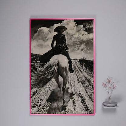 White Horse Rider on a Dirt Road. Western Canvas Wall Art in pink floating frame