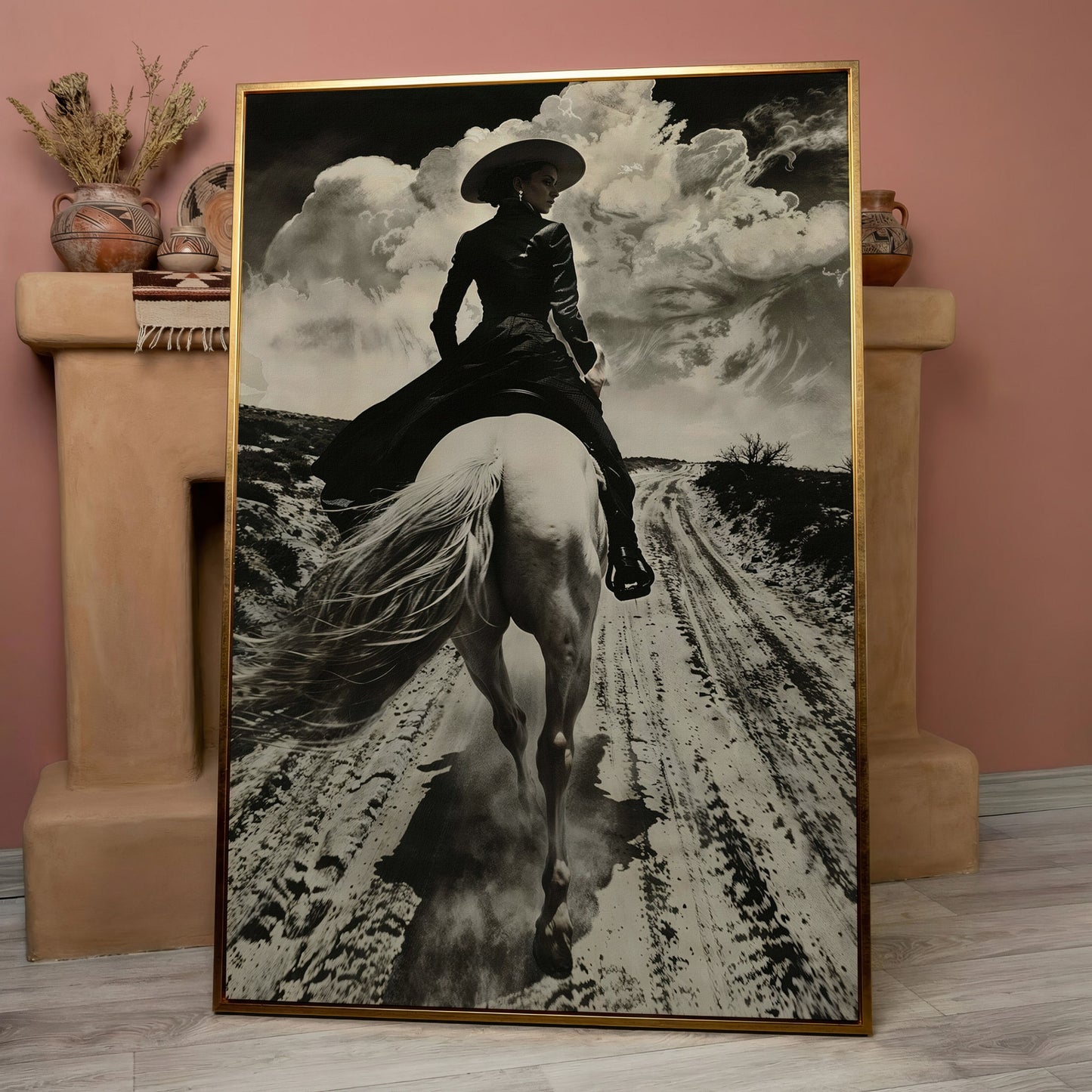 White Horse Rider on a Dirt Road. Western Canvas Wall Art in rose gold floating frame
