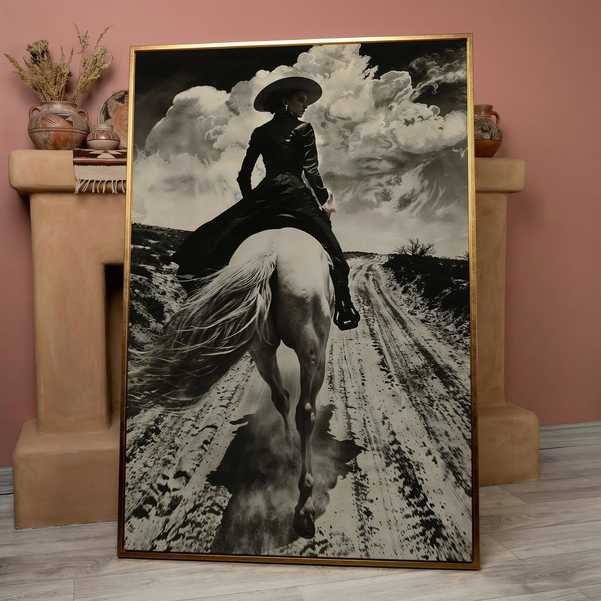 White Horse Rider on a Dirt Road. Western Canvas Wall Art in rose gold floating frame