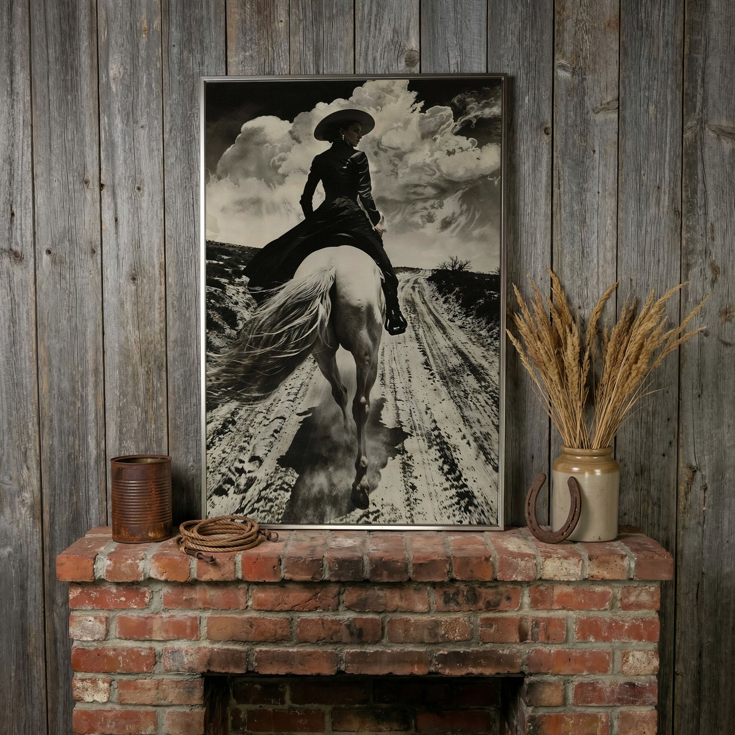 White Horse Rider on a Dirt Road. Western Canvas Wall Art in silver floating frame