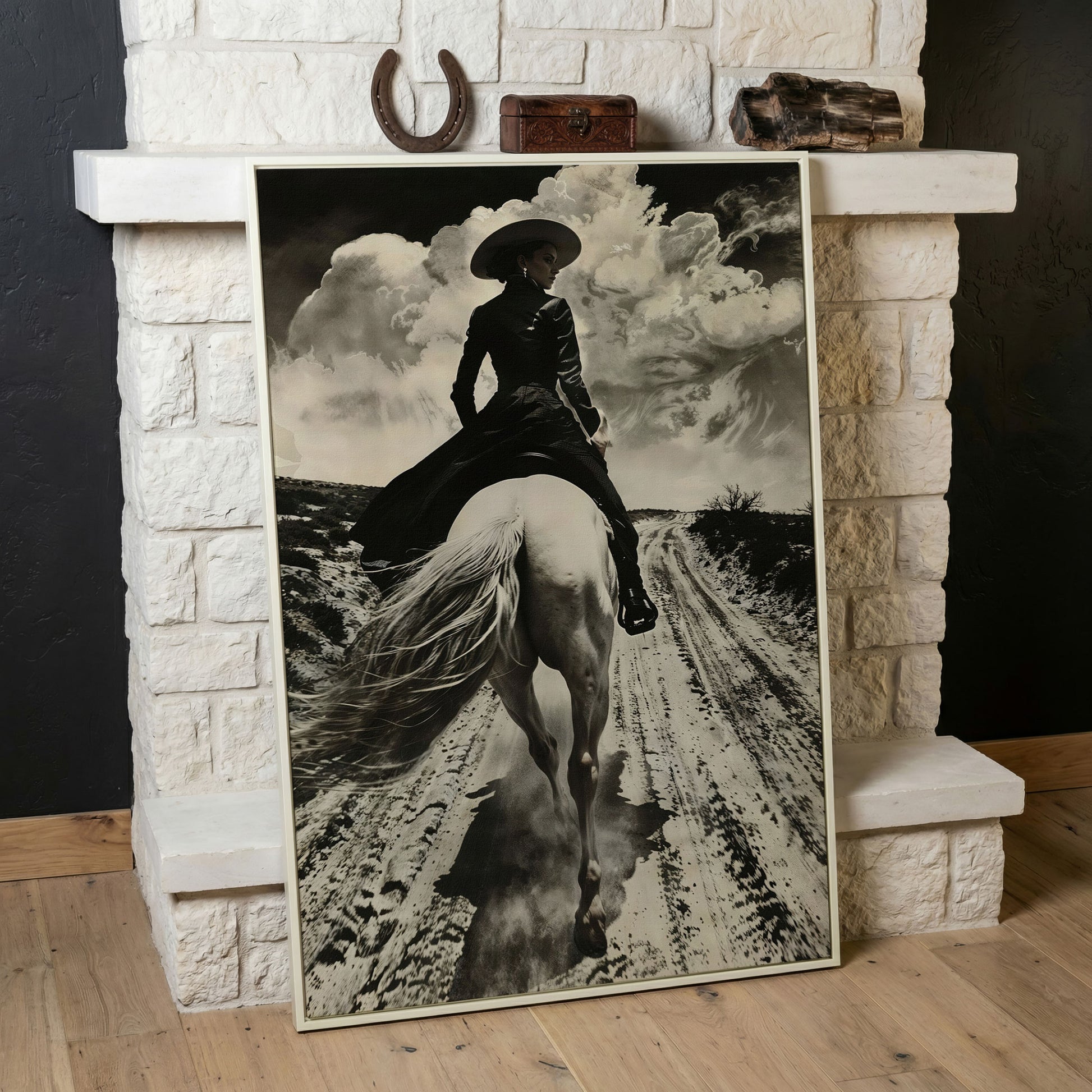 White Horse Rider on a Dirt Road. Western Canvas Wall Art in white floating frame