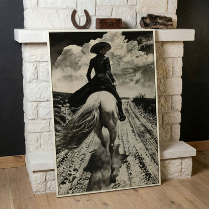 White Horse Rider on a Dirt Road. Western Canvas Wall Art in white floating frame