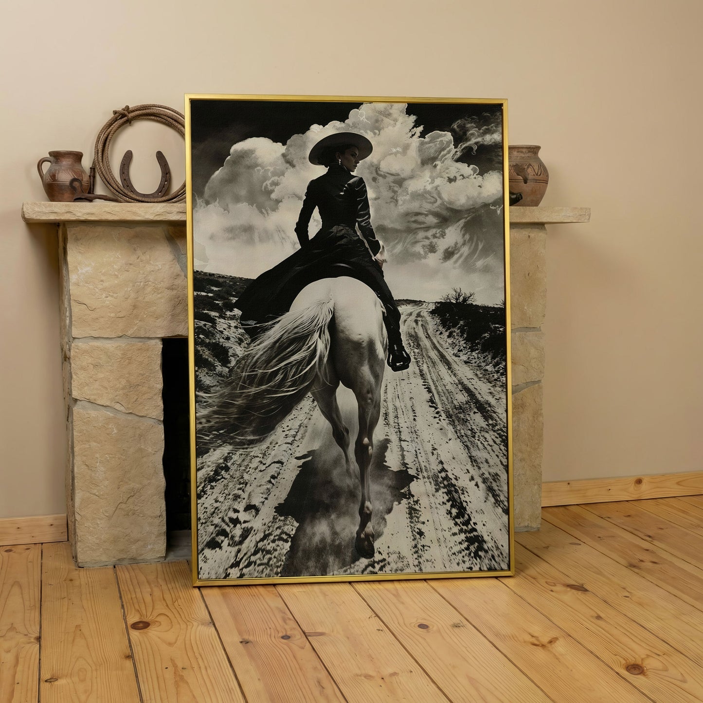 White Horse Rider on a Dirt Road. Western Canvas Wall Art in yellow gold floating frame