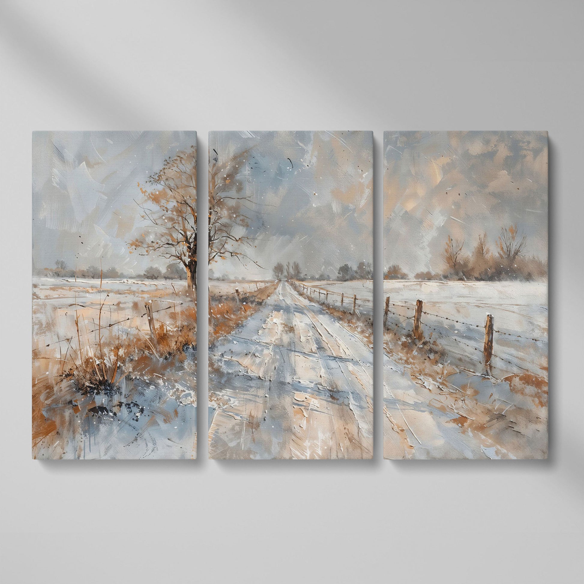 Snowy Road with Bare Tree Canvas Art as 3-panel split version