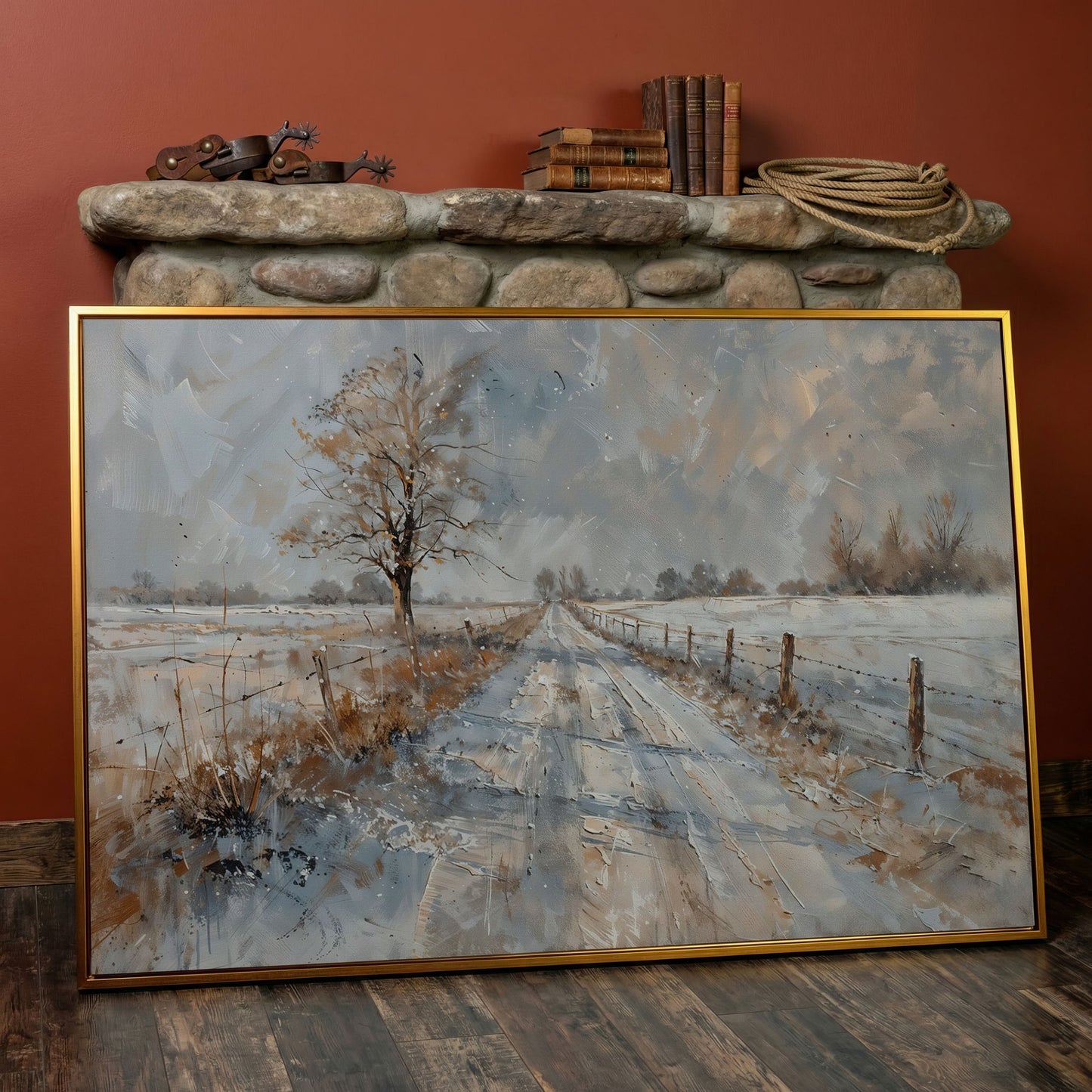Snowy Road with Bare Tree Canvas Art in antique gold floating frame