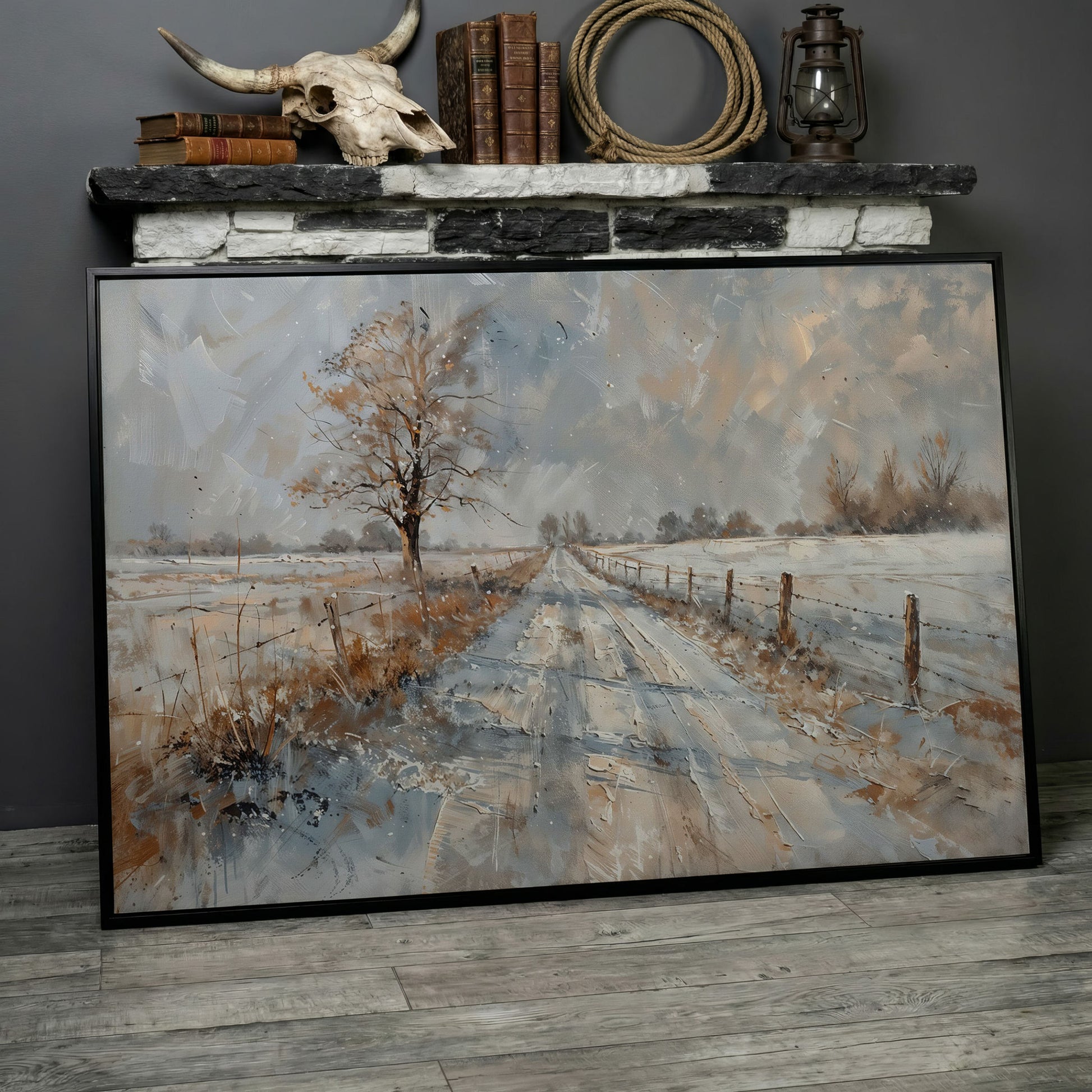 Snowy Road with Bare Tree Canvas Art in black floating frame