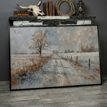 Snowy Road with Bare Tree Canvas Art in black floating frame