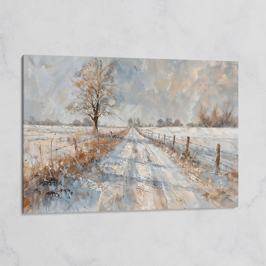 Snowy Road with Bare Tree Canvas Art on gallery wrap