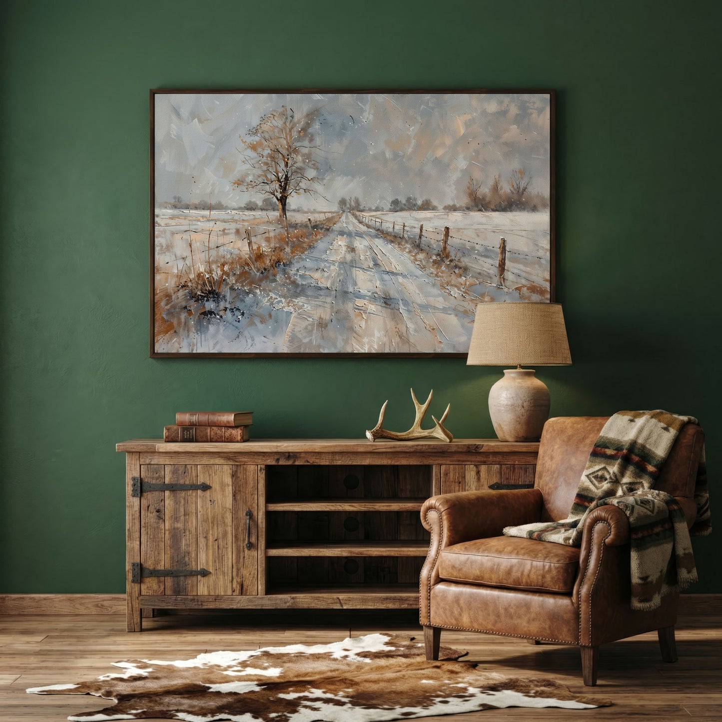 Snowy Road with Bare Tree Canvas Art in dark walnut floating frame