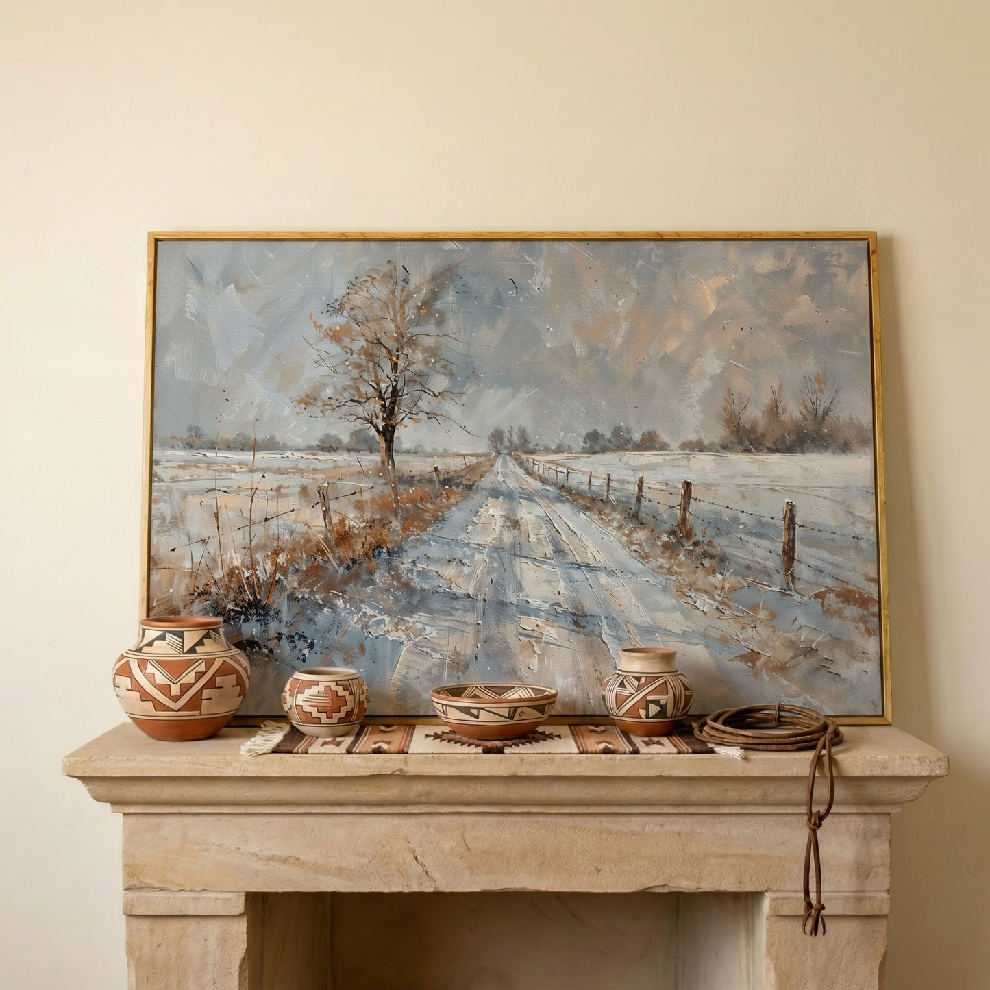 Snowy Road with Bare Tree Canvas Art in white oak floating frame