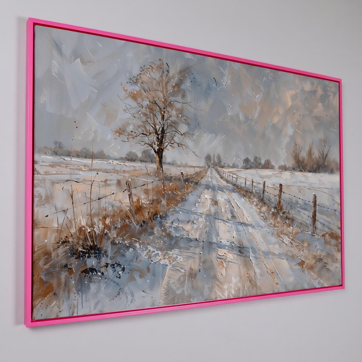 Snowy Road with Bare Tree Canvas Art in pink floating frame