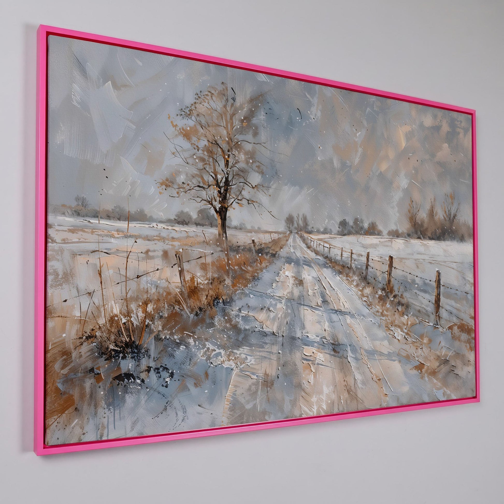 Snowy Road with Bare Tree Canvas Art in pink floating frame