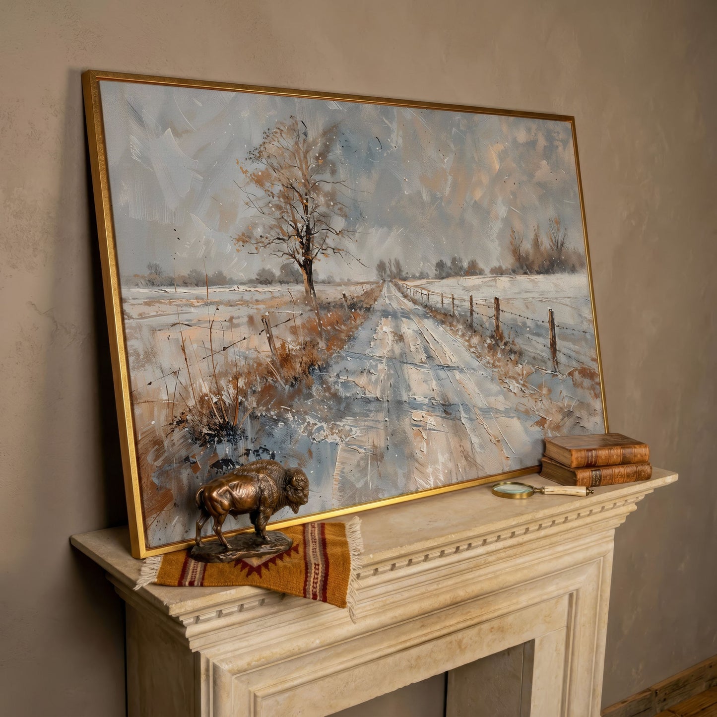 Snowy Road with Bare Tree Canvas Art in rose gold floating frame