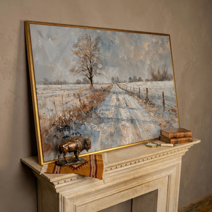 Snowy Road with Bare Tree Canvas Art in rose gold floating frame