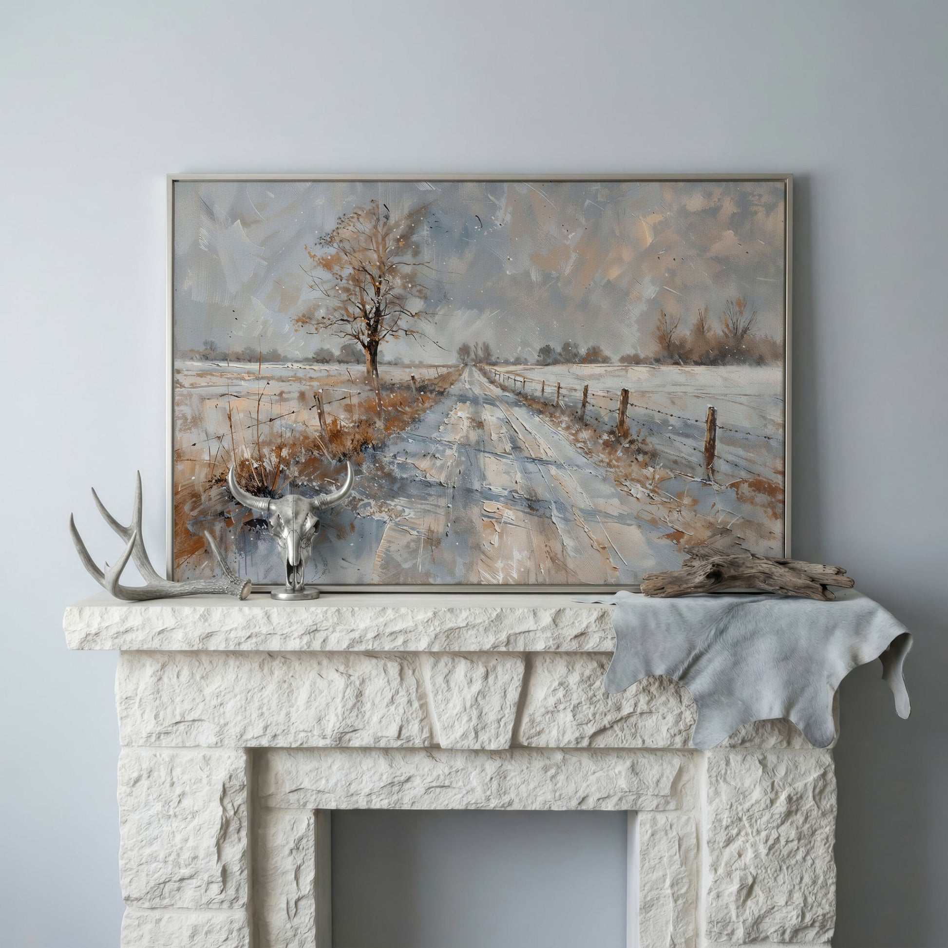 Snowy Road with Bare Tree Canvas Art in silver floating frame