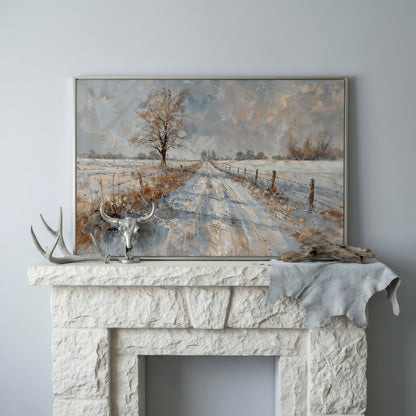 Snowy Road with Bare Tree Canvas Art in silver floating frame