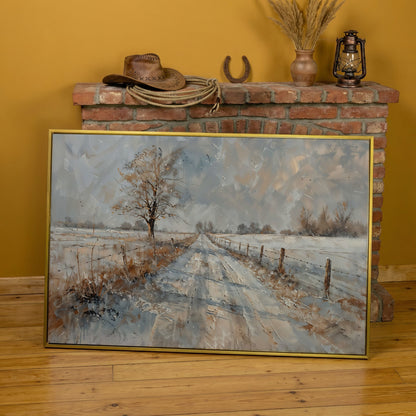 Snowy Road with Bare Tree Canvas Art in yellow gold floating frame