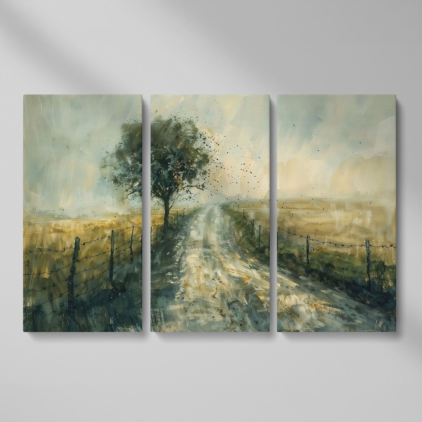 Countryside Road with Lone Tree Canvas Print as 3-panel split version
