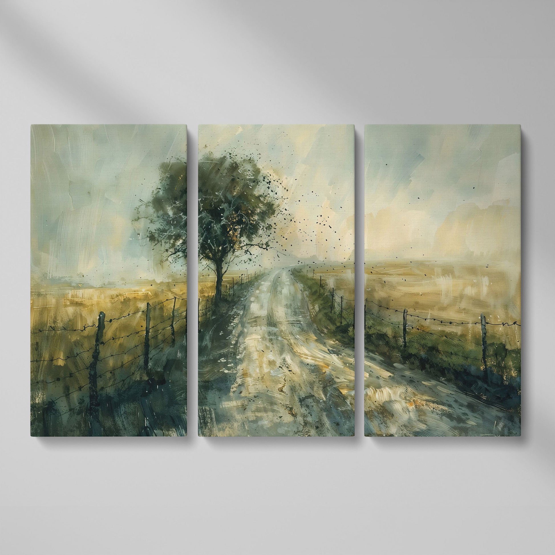 Countryside Road with Lone Tree Canvas Print as 3-panel split version
