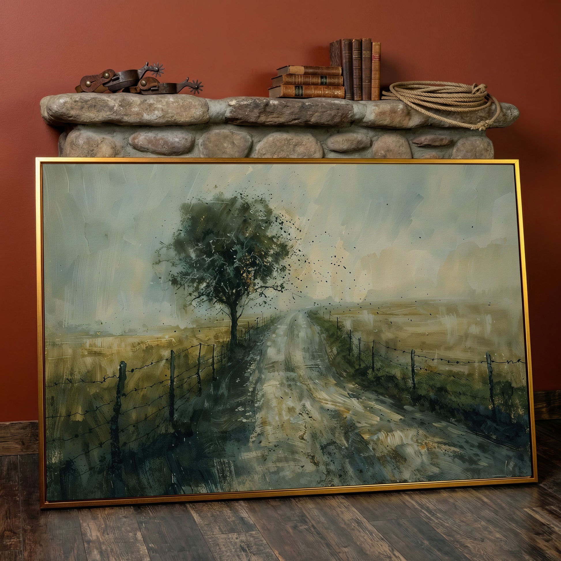 Countryside Road with Lone Tree Canvas Print in antique gold floating frame