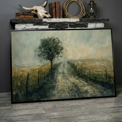 Countryside Road with Lone Tree Canvas Print in black floating frame