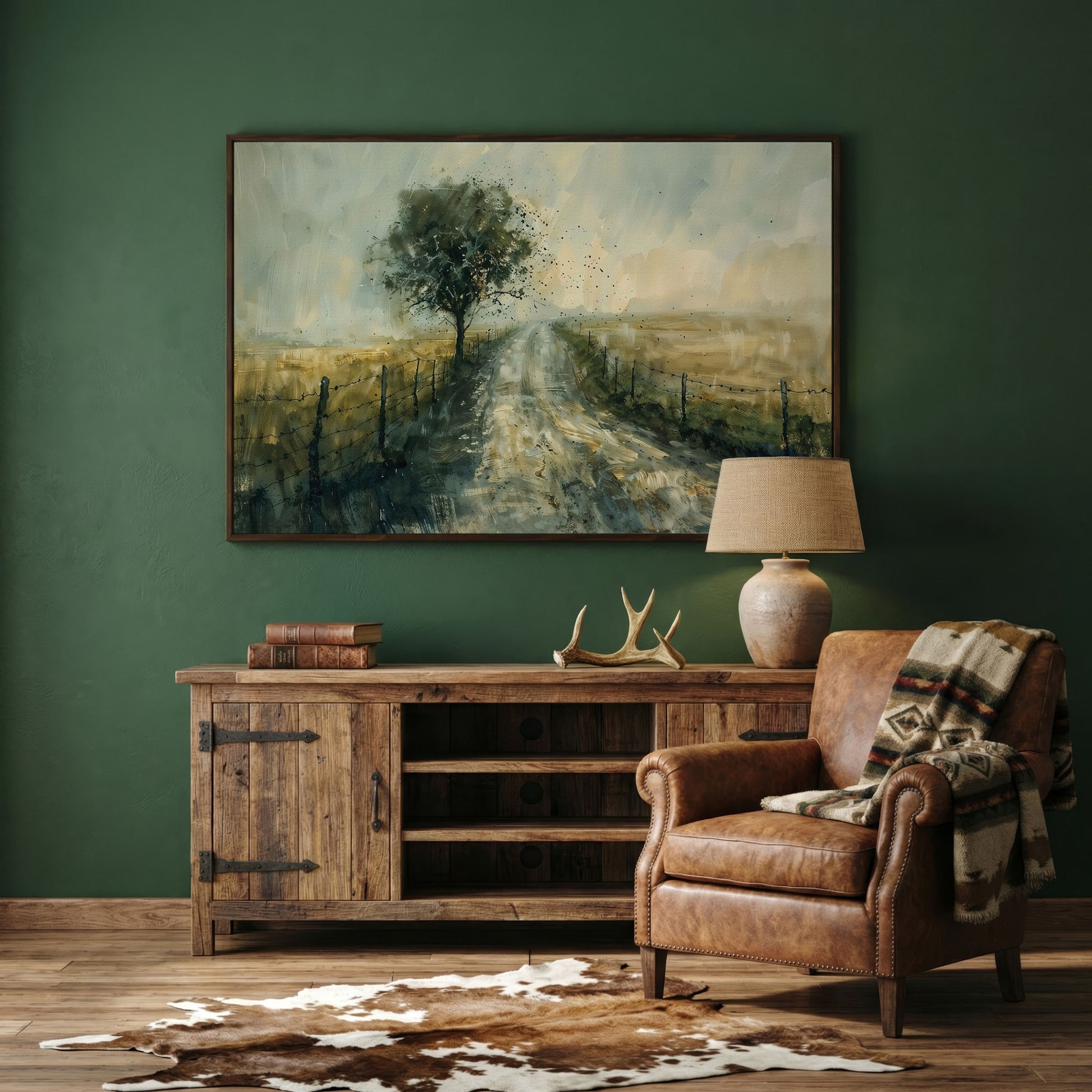 Countryside Road with Lone Tree Canvas Print in dark walnut floating frame