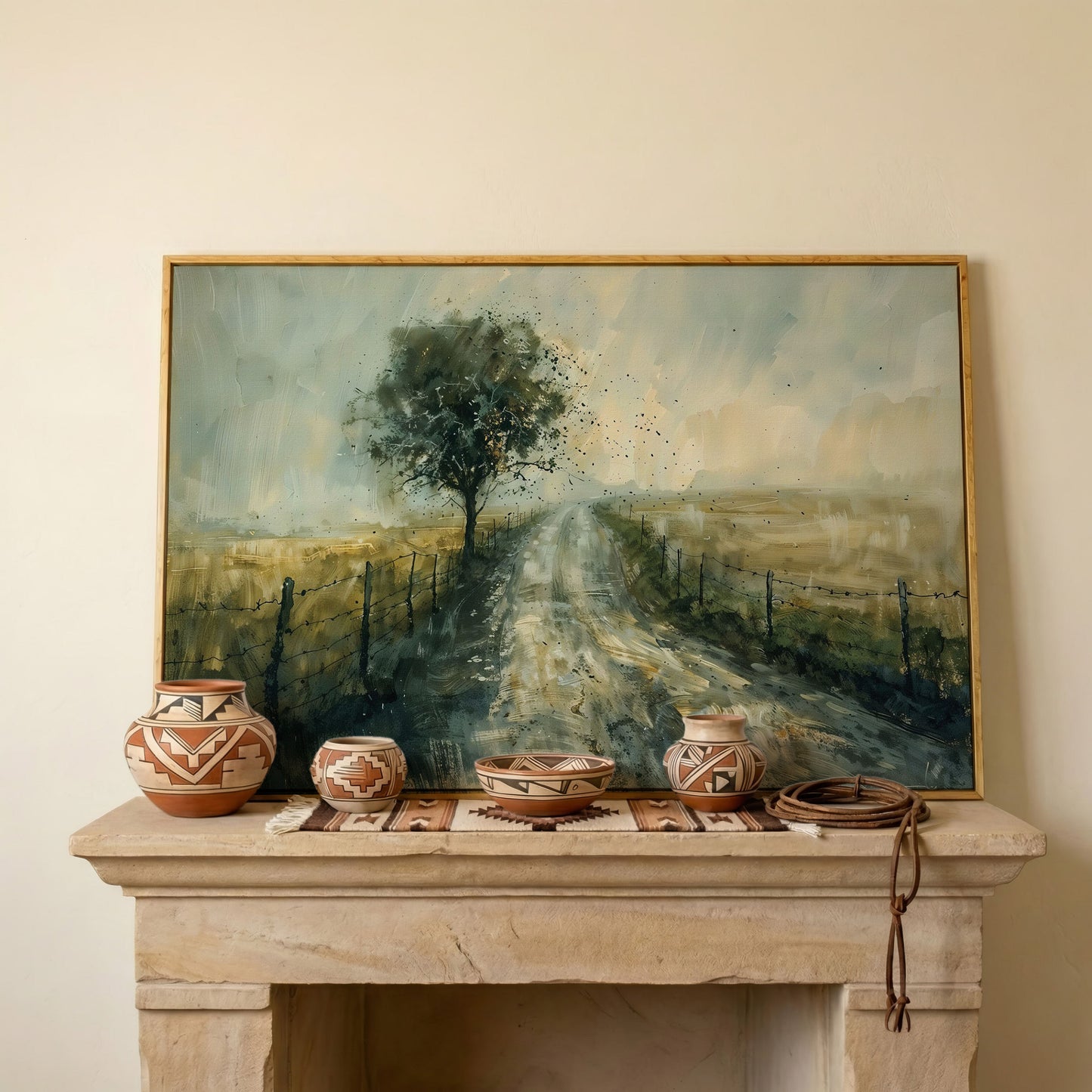 Countryside Road with Lone Tree Canvas Print in white oak floating frame
