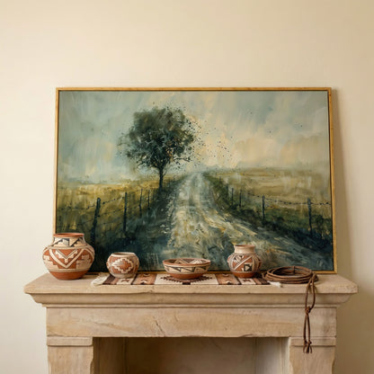 Countryside Road with Lone Tree Canvas Print in white oak floating frame