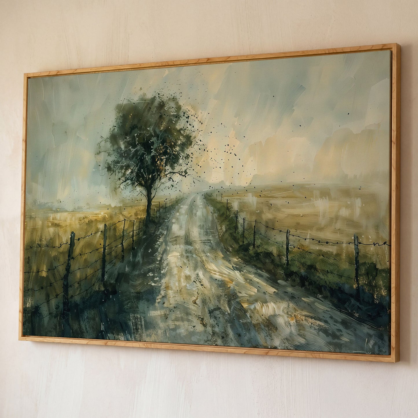 Countryside Road with Lone Tree Canvas Print shown in white oak floating frame