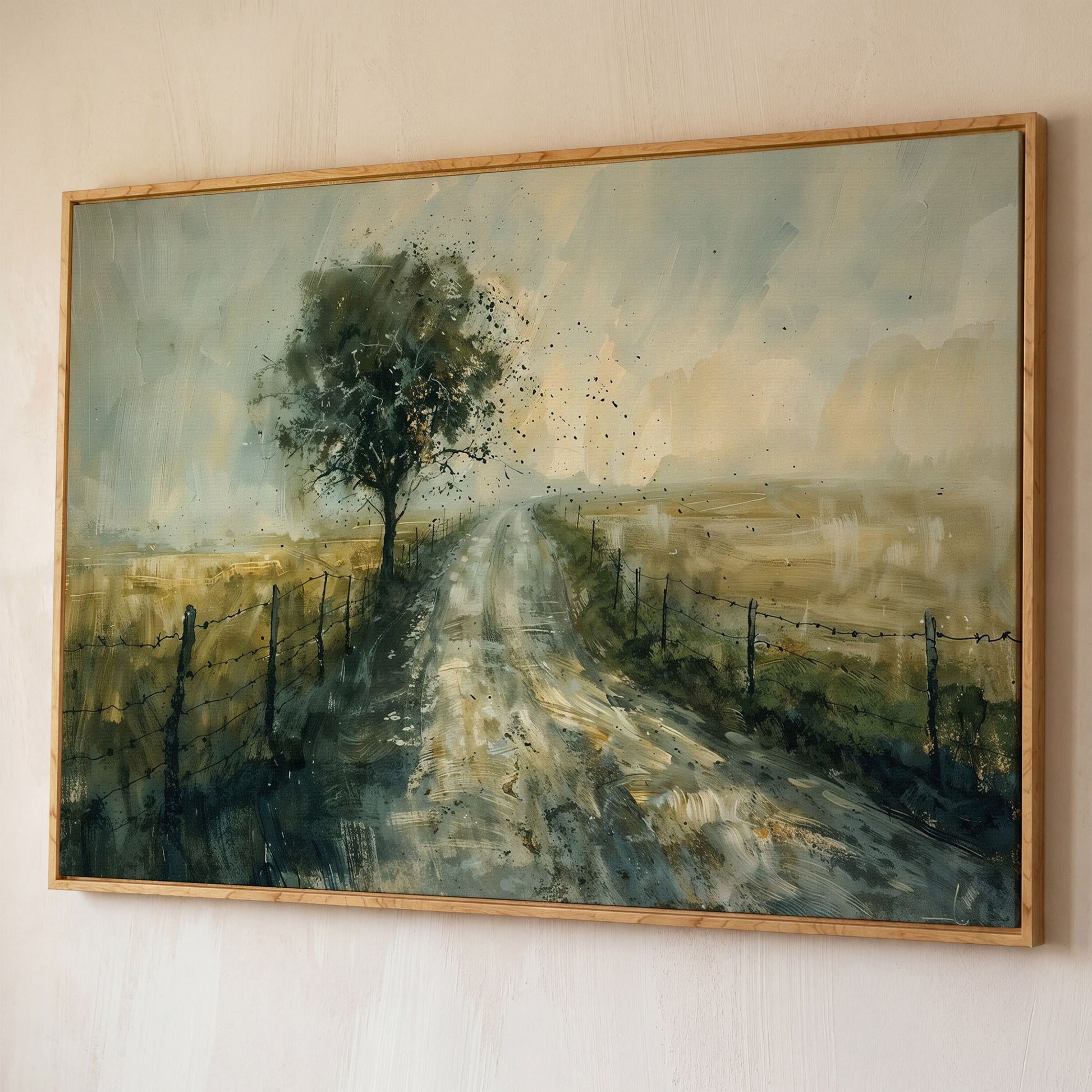 Countryside Road with Lone Tree Canvas Print shown in white oak floating frame