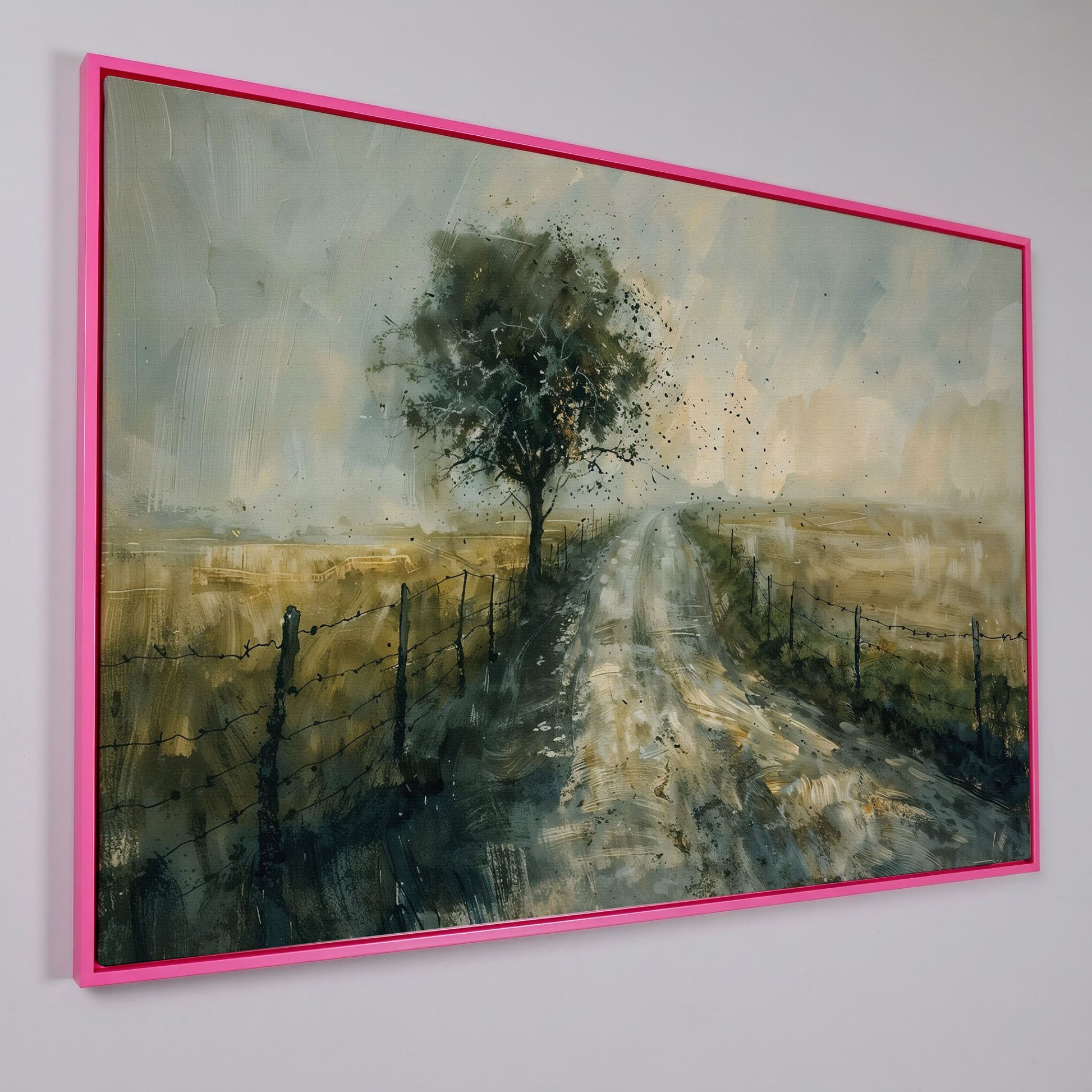Countryside Road with Lone Tree Canvas Print in pink floating frame