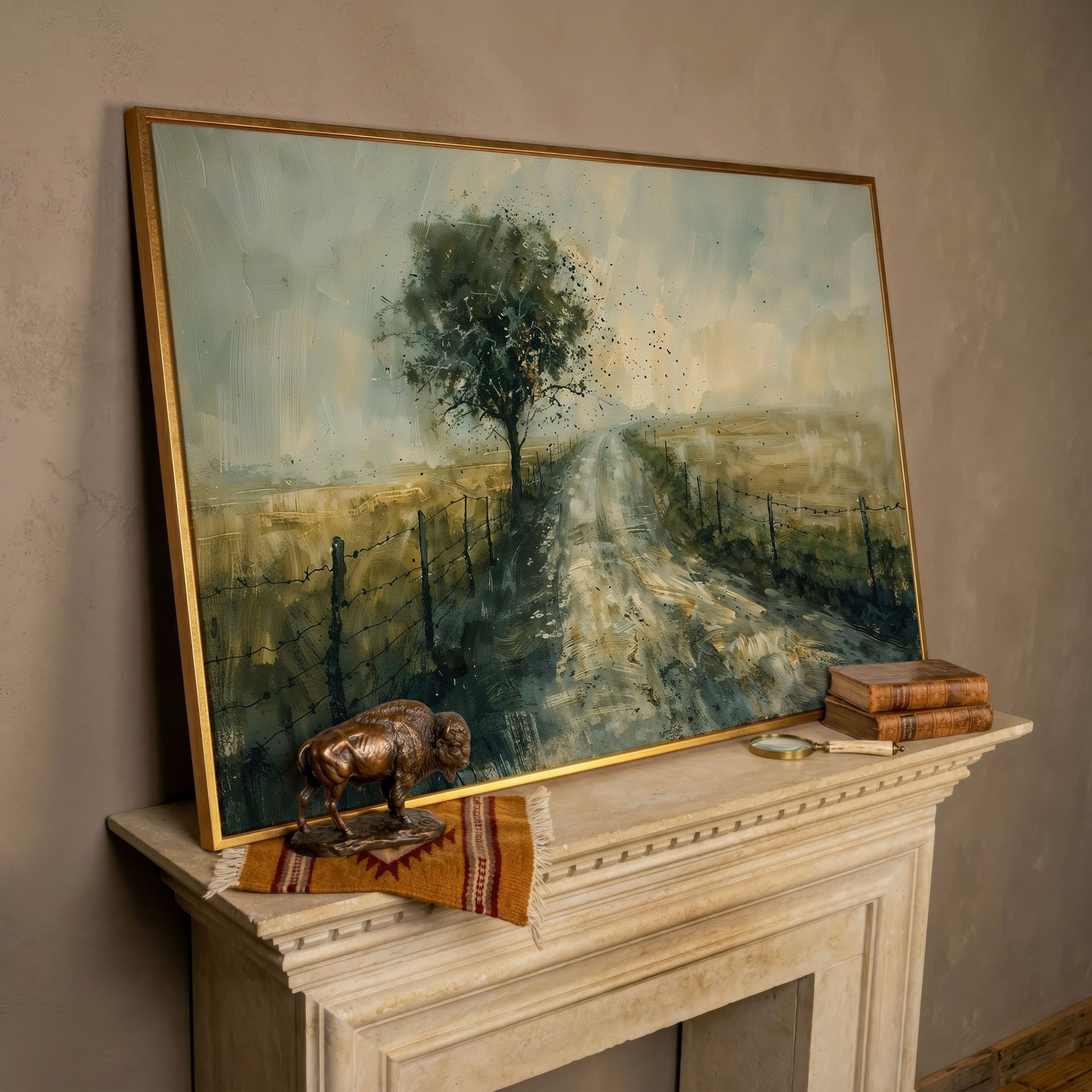 Countryside Road with Lone Tree Canvas Print in rose gold floating frame