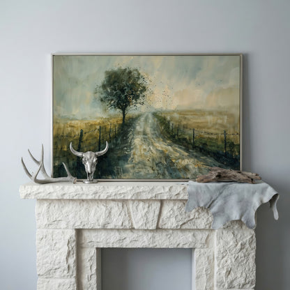 Countryside Road with Lone Tree Canvas Print in silver floating frame