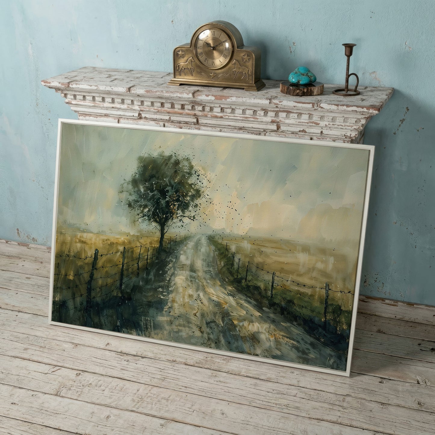 Countryside Road with Lone Tree Canvas Print in white floating frame