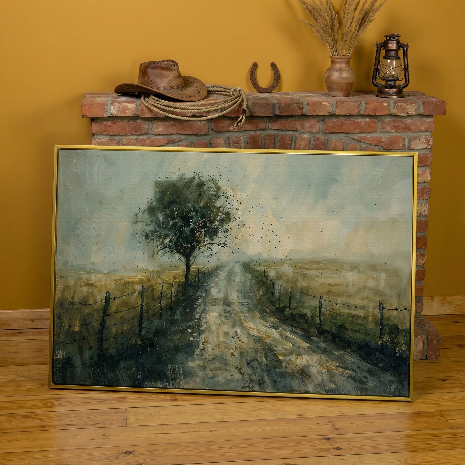 Countryside Road with Lone Tree Canvas Print in yellow gold floating frame