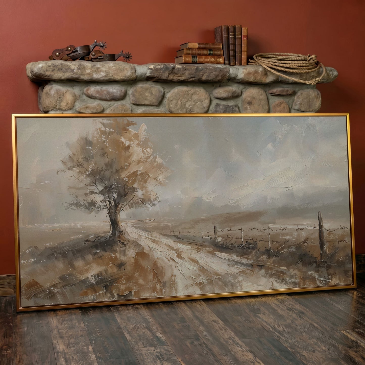Tree of Life with Country Road Canvas in antique gold floating frame