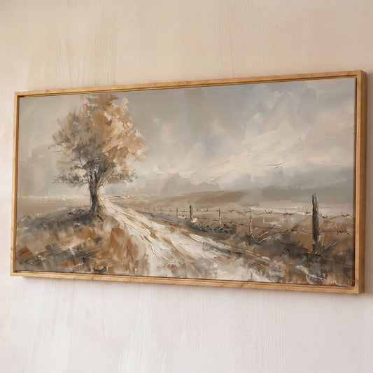 Tree of Life with Country Road Canvas shown in white oak floating frame