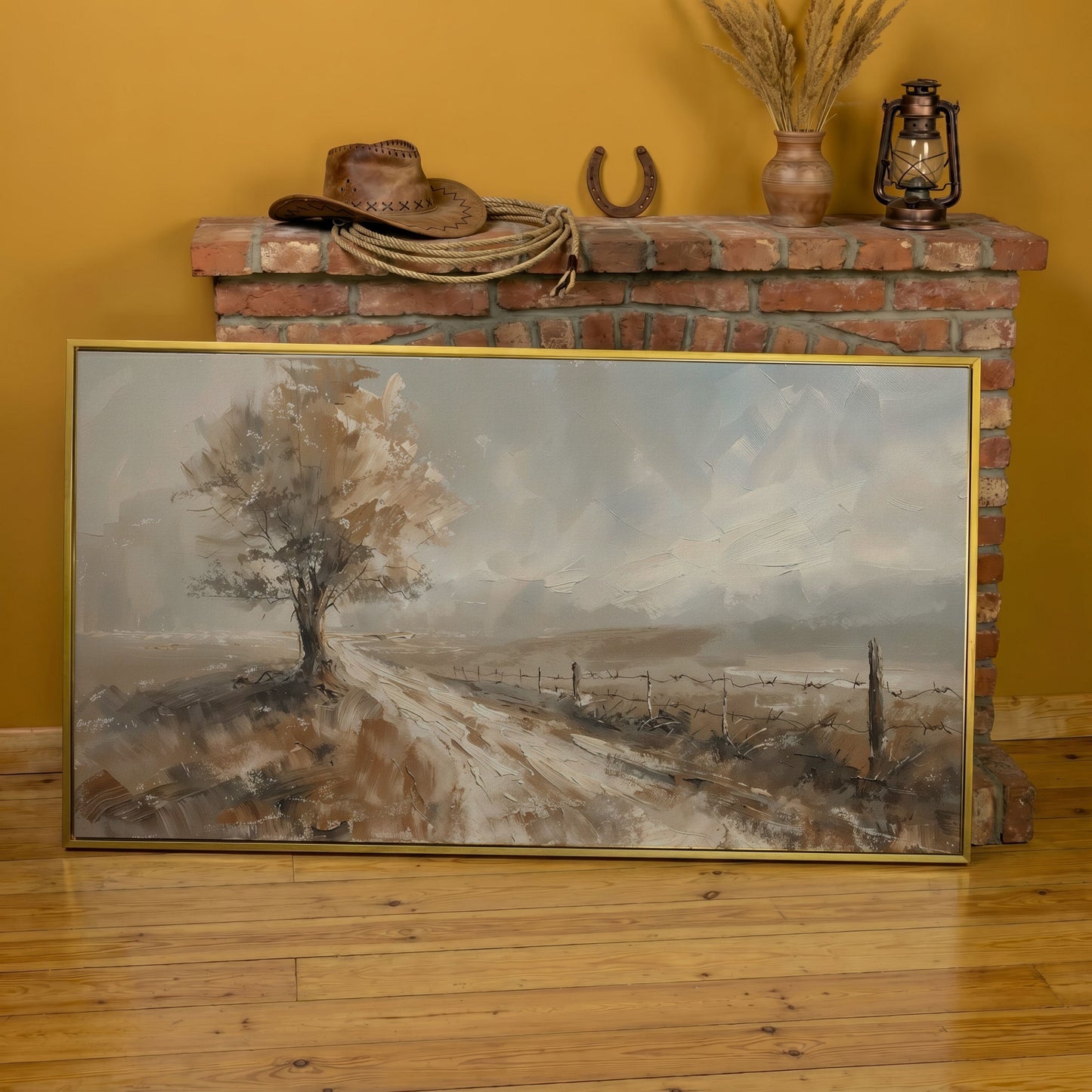 Tree of Life with Country Road Canvas in yellow gold floating frame
